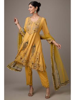 Studio A - Mustard Georgette Peacock Hand Embroidered Anarkali with Pant and Dupatta (Set of 3)