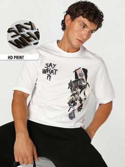 Bewakoof - Men's White Say What Graphic Oversized T-Shirt
