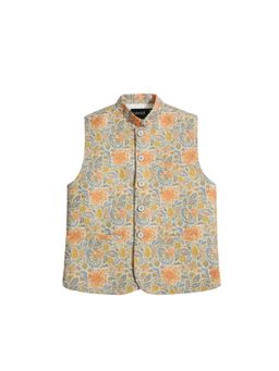 CAVIO - Orange Traditional Sleeveless Printed Nehru Jacket