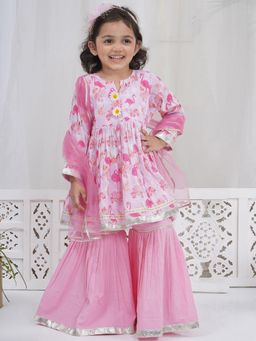 Little Bansi - Pink Flamingo Kurta with Sharara and Dupatta (Set of 3)