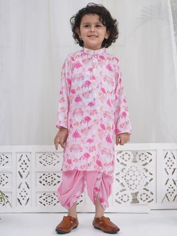 Little Bansi - Pink Woven Full Sleeves Flamingo Kurta with Dhoti