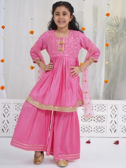 Little Bansi - Pink Floral Embroidery Kurta with Sharara and Dupatta (Set of 3)