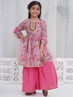 Little Bansi - Dusky Rose Floral Bliss Lacework Kurta with Sharara and Dupatta (Set of 3)