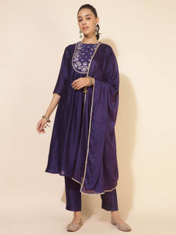 Janasya - Women Purple Chanderi Yoke Embroidered A-Line Kurta With Pant & Dupatta (Set of 3)