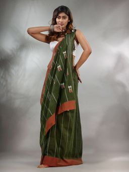 CHARUKRITI - Crocodile Green Cotton Handspun Handwoven Saree with Stripe Design & Unstitched Blouse
