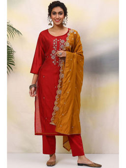 Biba - Red Cotton Unstitched Suit (Set of 3)