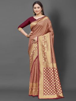 Akhilam - Womens Silk Blend Maroon Woven Design Celebrity Saree with Unstitched Blouse