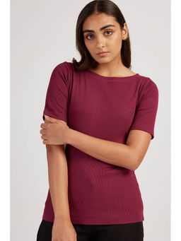 Creatures of Habit - Rib Boat Neck Top Short Sleeve Berry Burgundy