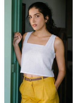 Creatures of Habit - Linen Crop Top Pearl White