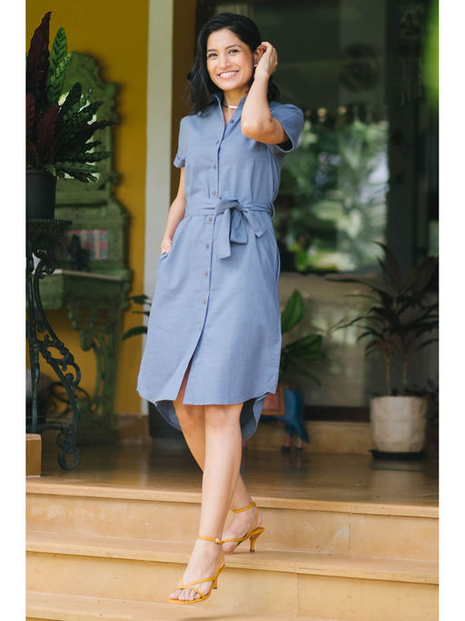 Buy Creatures of Habit Egyptian Cotton Shirt Dress Wildflower Blue with  Belt (Set of 2) Online