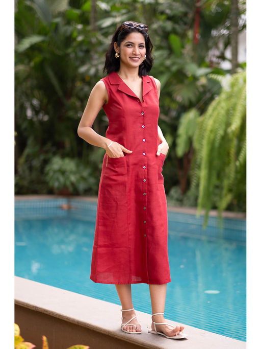 knee length dresses for ladies Printed Linen Sleeveless Dress main image 1