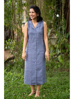 Creatures of Habit - Linen Notch Collar Dress Wildflower Blue