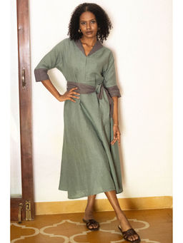 Creatures of Habit - Linen Flared Dress Sage Green & Grey with Belt (Set of 2)
