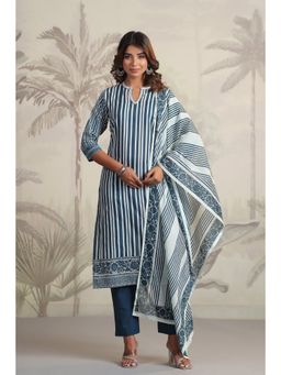 Autumnlane - Yachi Navy Blue Stripes-Mirror Work Kurta with Pant and Dupatta (Set of 3)