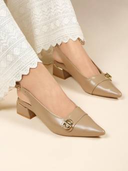 Flat n Heels - Women Beige Pointed Toe Block Heels