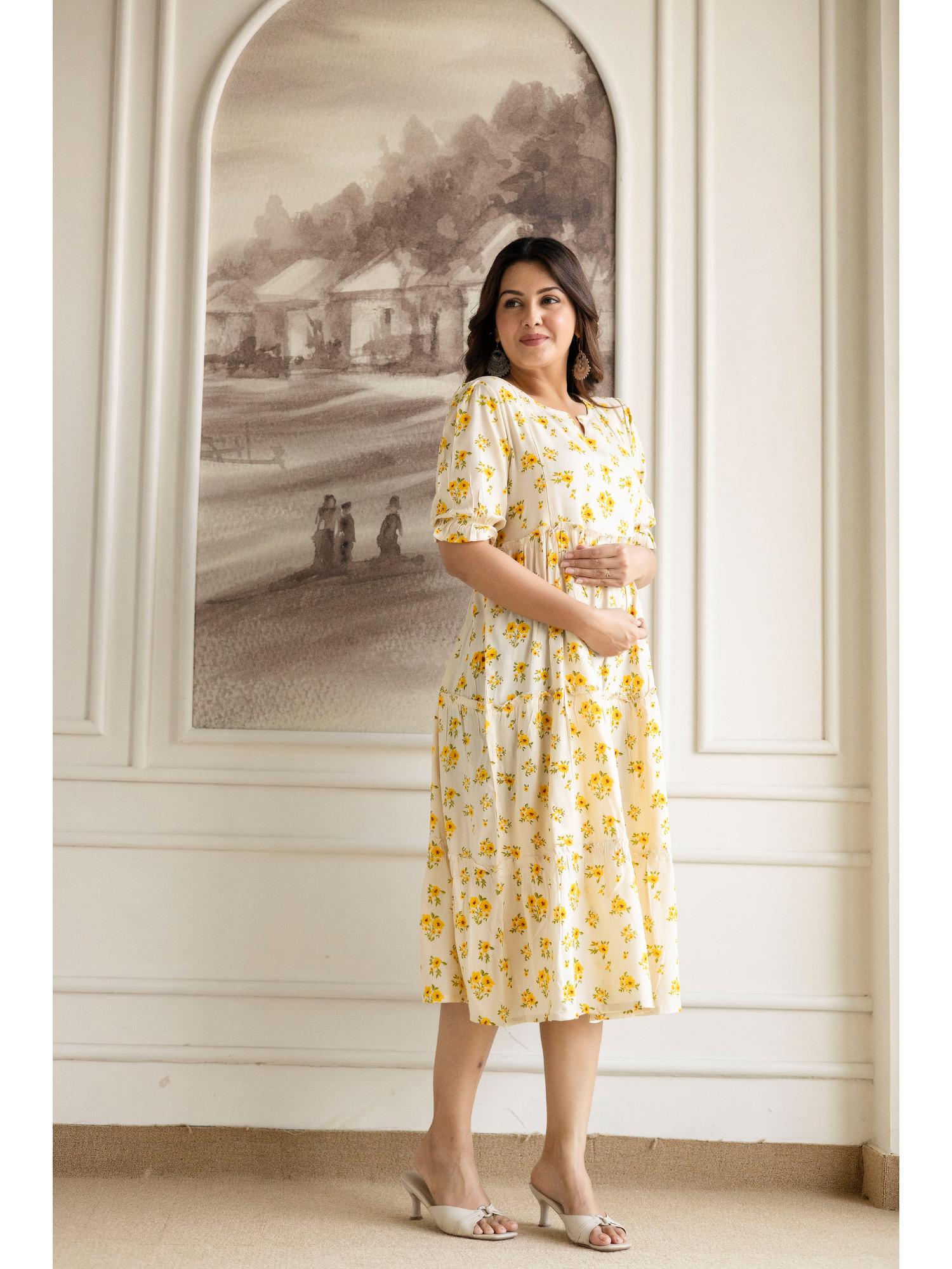 White Stylish Womens Cotton Maternity Feeding Zipper Nursing Dress-image-6
