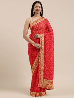 Vastranand - Red Bandhani Gotta Patti Bandhani Saree with Unstitched Blouse