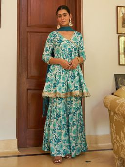 Janasya - Womens White Cotton Floral Printed Short Kurta, Sharara and Dupatta (Set of 3)