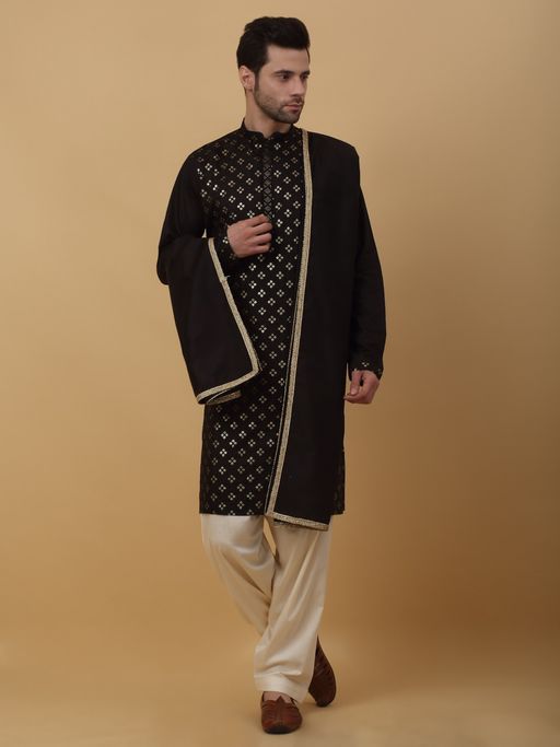 Kraft India Black Sequenced Embroidered Cotton Silk Kurta with Salwar and Dupatta (Set of 3)