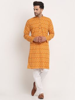 Kraft India - Cotton Jaipuri Printed Yellow Knee Length Kurta Pyjama (Set of 2)