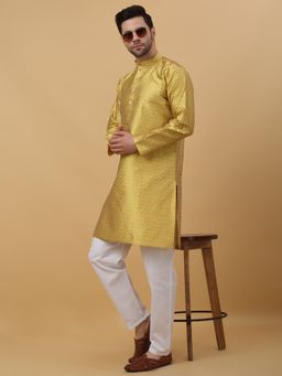 Kraft India - Geometric Jacquard Mustard Yellow Kurta with Pyjamas (Set of 2)
