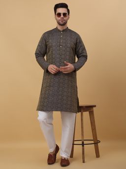 Kraft India - Jacquard Woven Design Blue Kurta with Pyjamas (Set of 2)