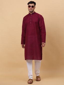 Kraft India - Maroon Chikankari Embroidered Kurta with White Pyjama (Set of 2)