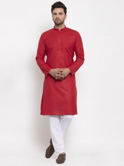 Kraft India - Red Cotton Solid Kurta with Pyjama (Set of 2)