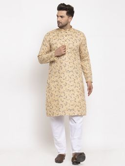 Kraft India - Beige Cotton Printed Kurta with Pyjama (Set of 2)