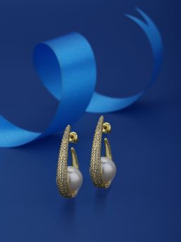 Carlton London - Premium Gold & White Toned Pearls Studded Gold-Plated Half Hoop Earrings