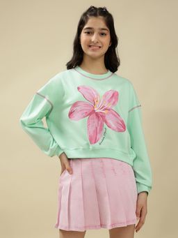 Lil Tomatoes - Light Weight Cotton Looper Knit Full Sleeves Floral Sweatshirt - Green