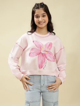 Lil Tomatoes - Light Weight Cotton Looper Knit Full Sleeves Floral Sweatshirt - Pink