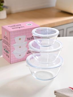 Nestasia - 3 Pcs Glass Bowl With Lid Microwave Oven Safe (Pack of 3)