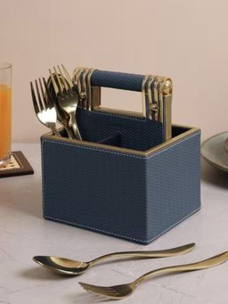 HOME 360 - Leather Cutlery Stand With 4 Divider - Blue