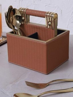 HOME 360 - Leather Cutlery Stand With 4 Divider - Tan
