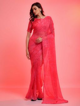 Odette - Pink Chiffon with Sequence Work Sequence Saree with Unstitched Blouse