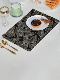 At Home by Nilkamal - Rectangular Leaves Design Table Placemat Black (Pack of 4)