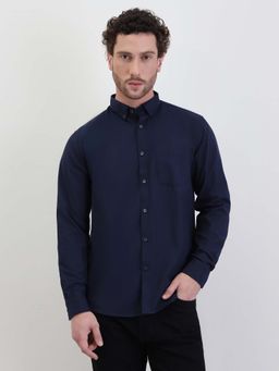 Styli - Men Solid Oxford Regular Fit Full Sleeve Shirt Navy Blue