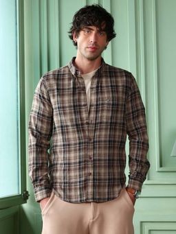 Campus Sutra - Mens Coffee Brown Button-Down Gradient-Plaid Shirt