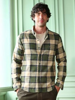 Campus Sutra - Mens Sacramento Green Button-Down Block-Check Shirt