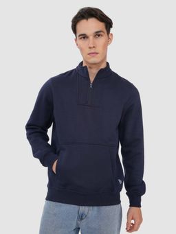 Bonjour - Mens Navy Blue Half Zip Sweatshirt with Kangaroo Pocket