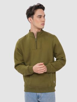 Bonjour - Mens Olive Half Zip Sweatshirt with Kangaroo Pocket