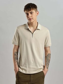 Calvin Klein - Solid Regular Fit Cotton Polo T-Shirt Beige