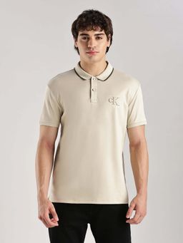 Calvin Klein - Solid Regular Fit Cotton Polo T-Shirt Beige