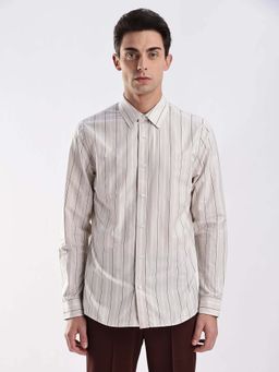 Calvin Klein - Striped Slim Fit Cotton Shirt Beige