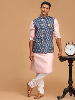 Vastramay - Pink, Grey and White Cotton Blend Kurta with Pyjama and Nehru Jacket (Set of 3)