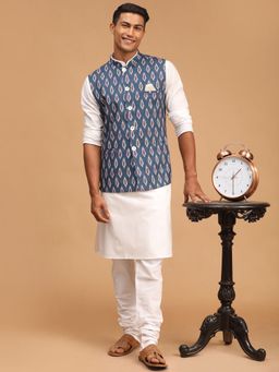 Vastramay - Grey and Off White Cotton Blend Kurta with Pyjama and Nehru Jacket (Set of 3)