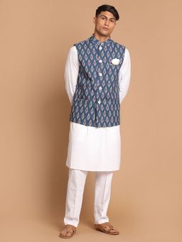 Vastramay - Grey and White Pure Cotton Kurta with Pyjama and Nehru Jacket (Set of 3)