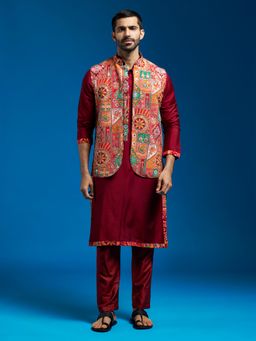 Vastramay - Maroon Viscose Kurta with Pyjama and Nehru Jacket (Set of 3)