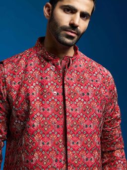 Vastramay - Red Chinon Kurta with Pyjama and Nehru Jacket (Set of 3)